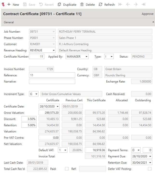 Contract Costing feature Sales Ledger screenshot