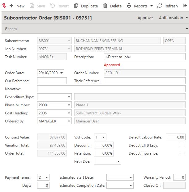 Screenshot of Contract Costing Subcontractor feature