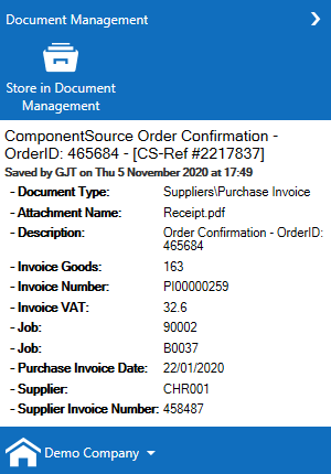 Outlook email screenshot showing saved Purchase Invoice